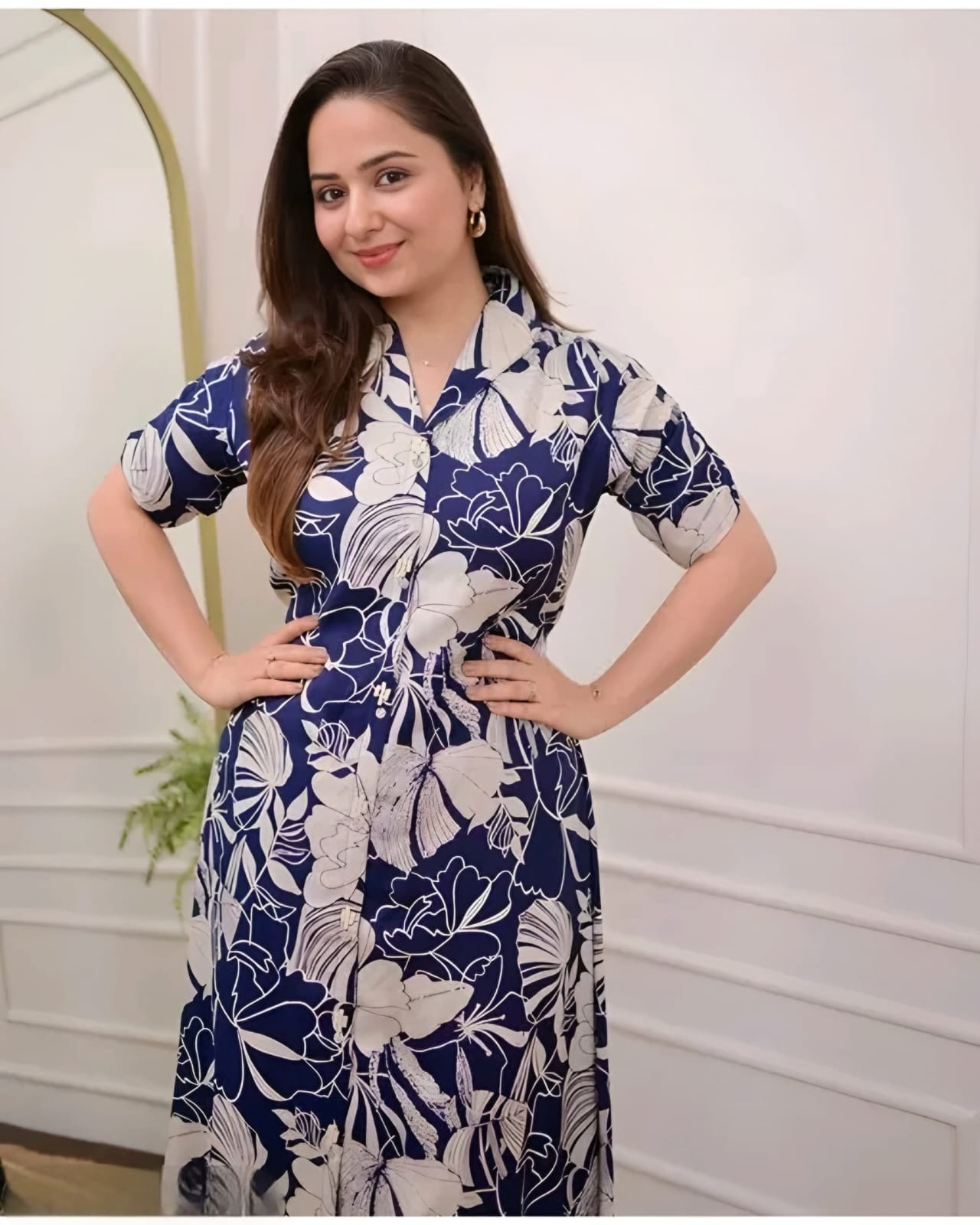 Women's Navy Blue Floral Printed Shirt Dress | Elegant Casual Midi Dress with Collar