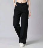 Black High-Waist Wide Leg Cargo Pants | Stylish Casual Loose Fit Trousers with Pockets