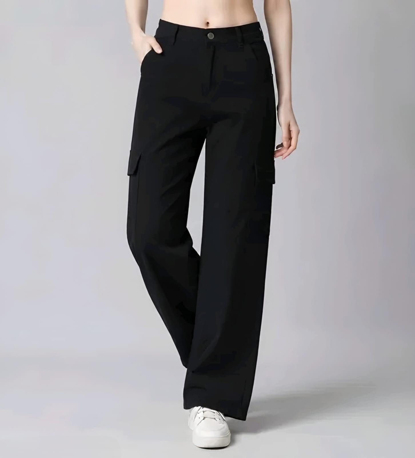 Black High-Waist Wide Leg Cargo Pants | Stylish Casual Loose Fit Trousers with Pockets