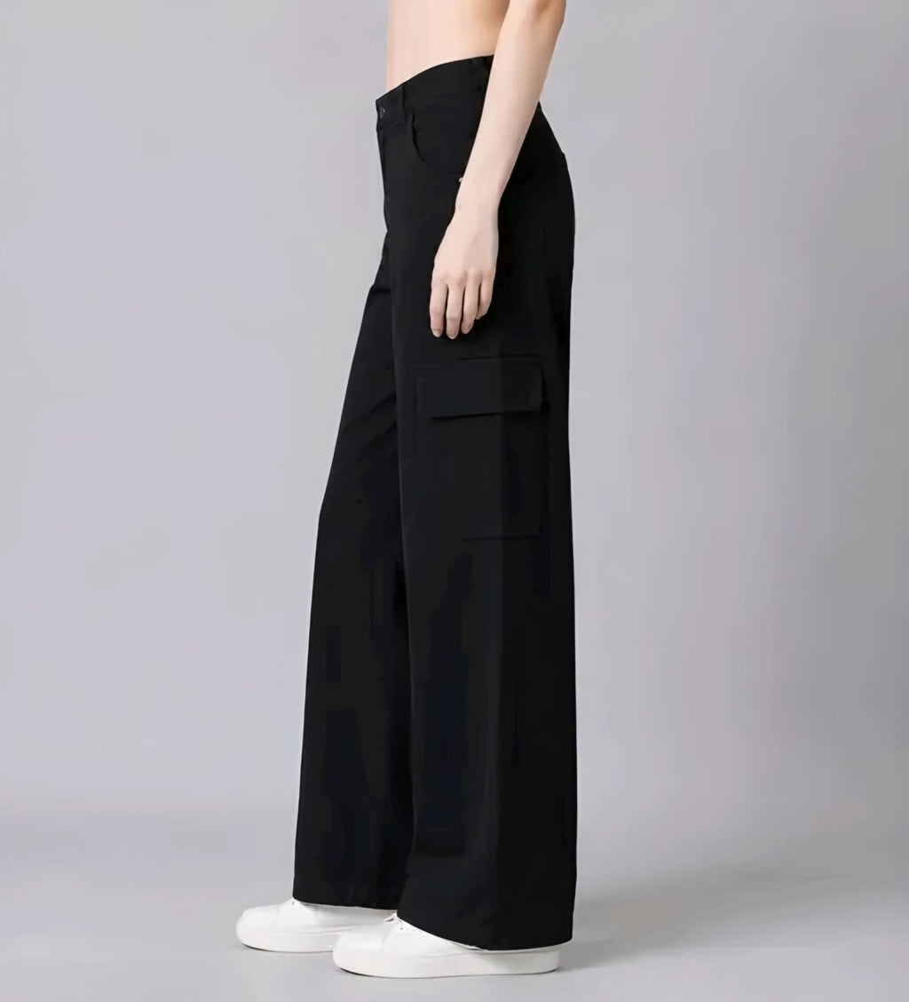 Black High-Waist Wide Leg Cargo Pants | Stylish Casual Loose Fit Trousers with Pockets