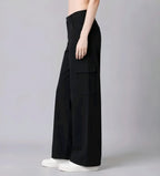 Black High-Waist Wide Leg Cargo Pants | Stylish Casual Loose Fit Trousers with Pockets