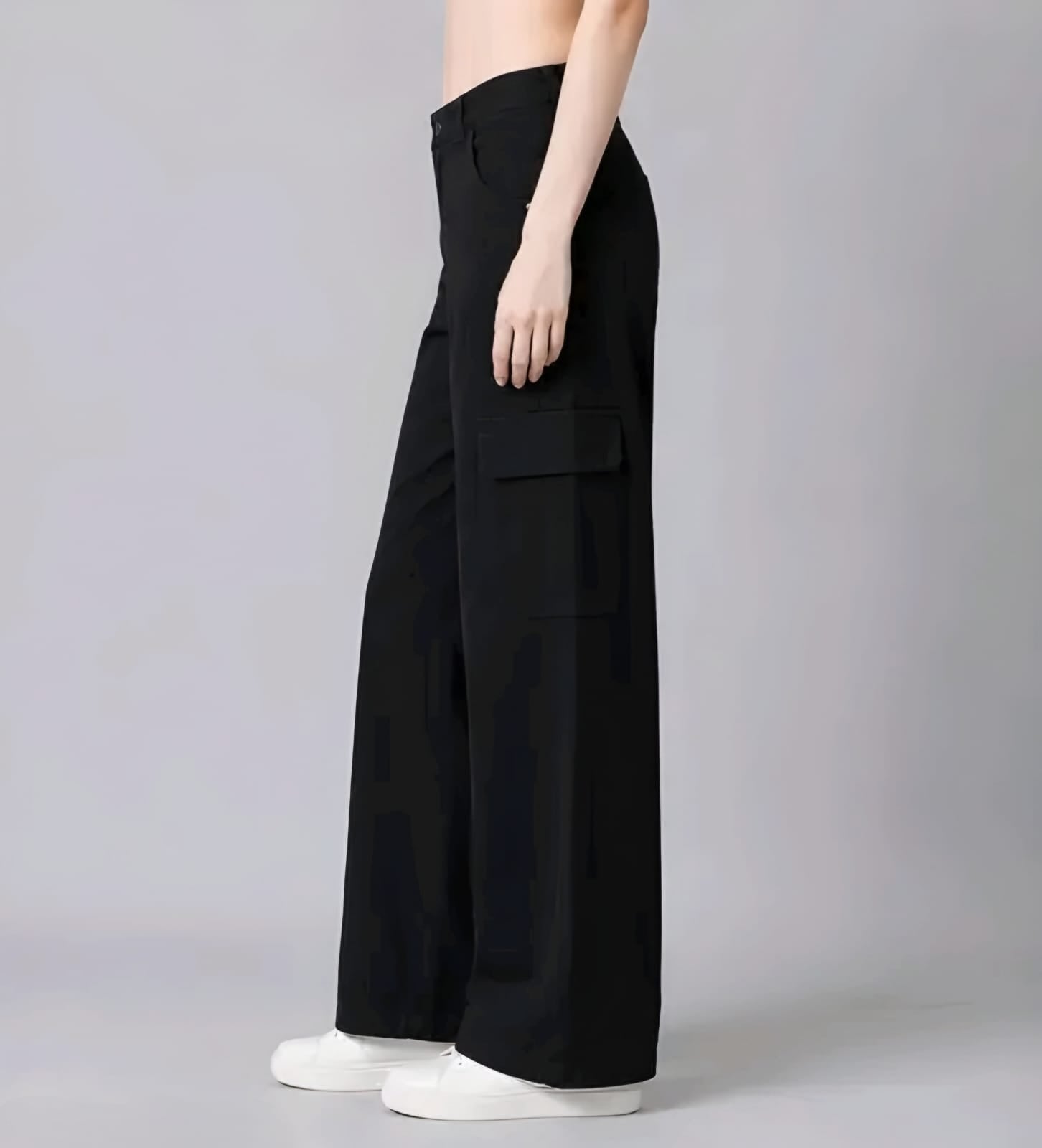 Black High-Waist Wide Leg Cargo Pants | Stylish Casual Loose Fit Trousers with Pockets