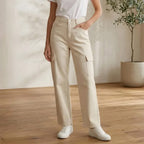 Women's Beige High-Waist Wide Leg Cargo Pants | Casual Straight Fit Trousers with Utility Pockets