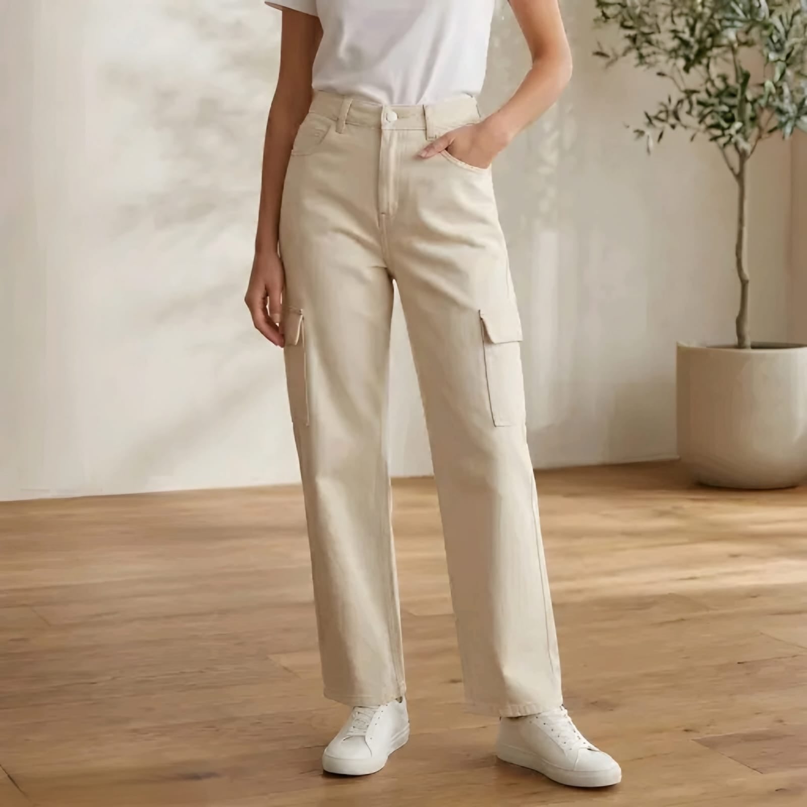 Women's Beige High-Waist Wide Leg Cargo Pants | Casual Straight Fit Trousers with Utility Pockets