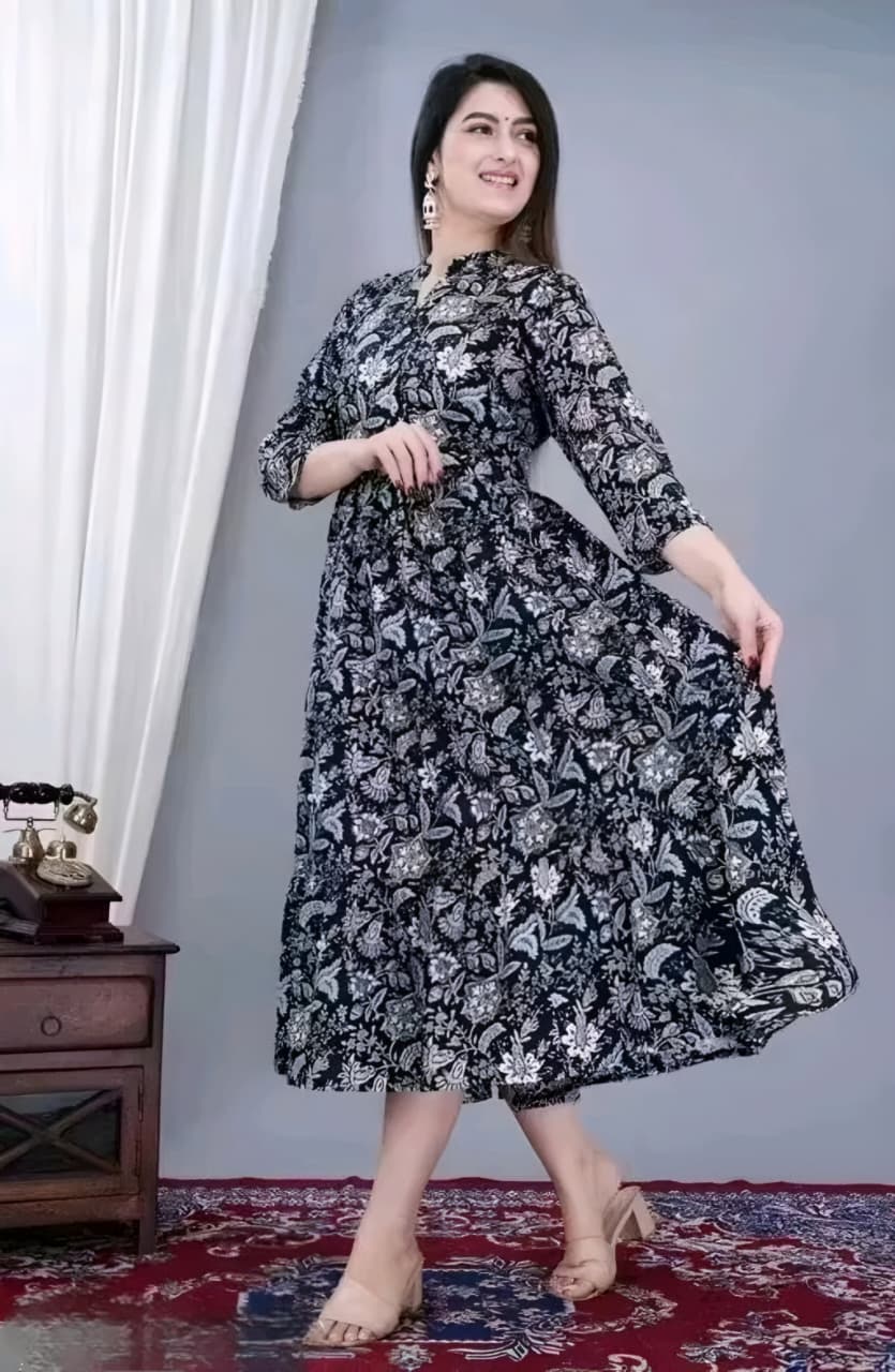 Women's Floral Printed Anarkali Midi Dress | Elegant Casual & Party Wear Dress