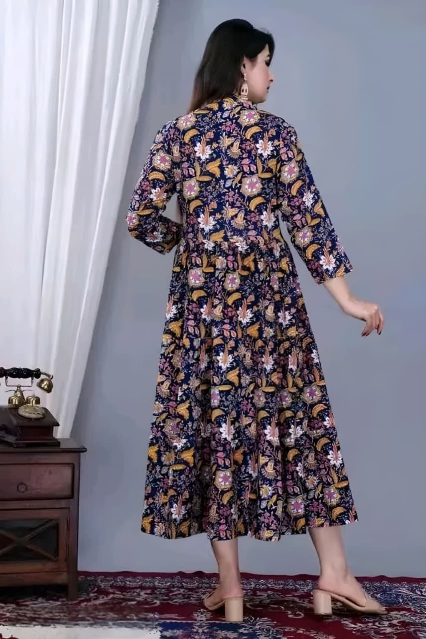 Women's Floral Printed Anarkali Midi Dress | Elegant Casual & Party Wear Dress