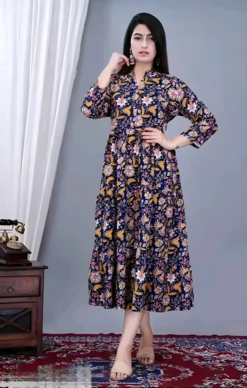 Women's Floral Printed Anarkali Midi Dress | Elegant Casual & Party Wear Dress