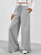 Women's Light Grey Wide Leg Lounge Pants | High Waist Drawstring Casual Trousers