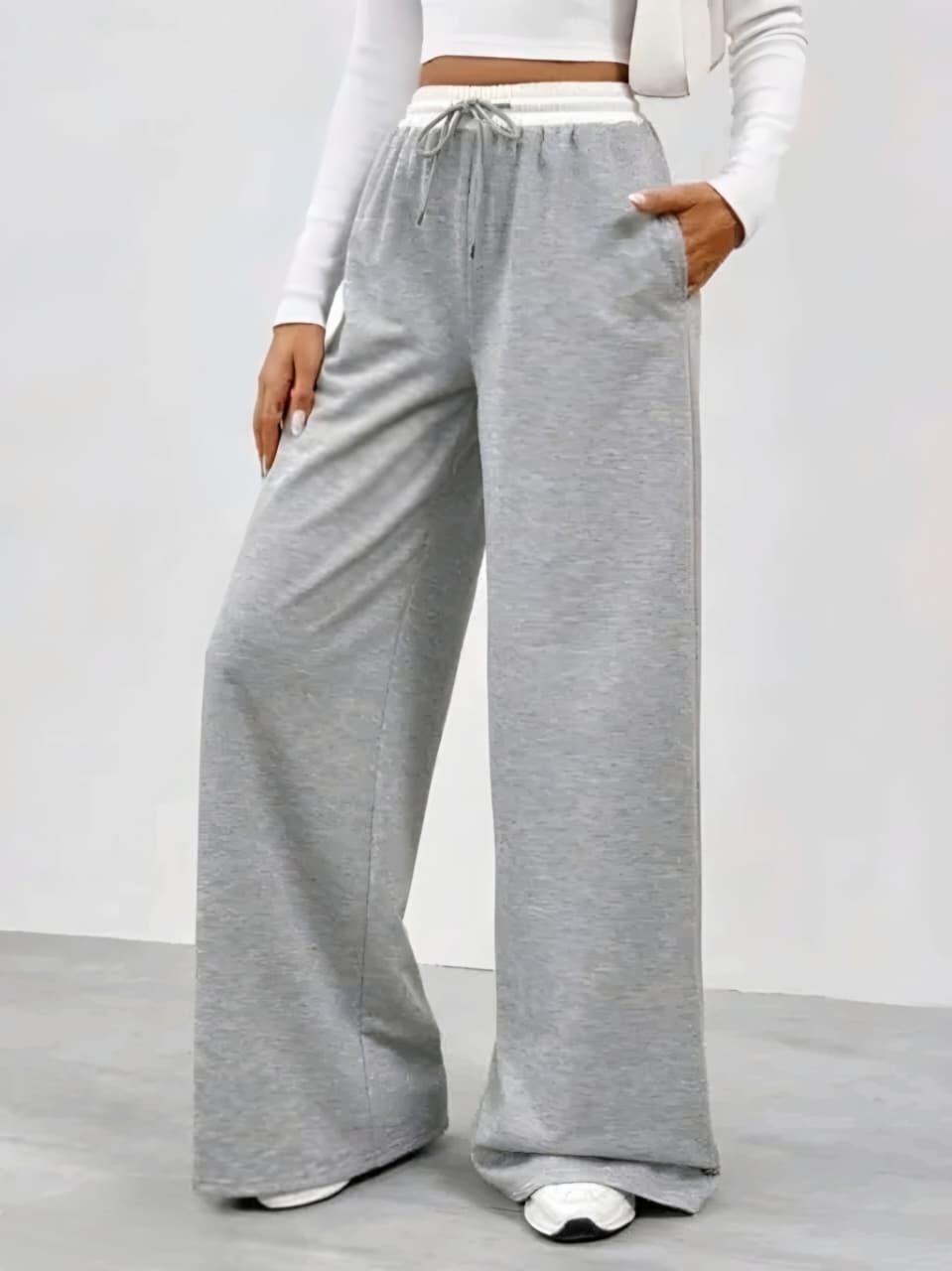 Women's Light Grey Wide Leg Lounge Pants | High Waist Drawstring Casual Trousers