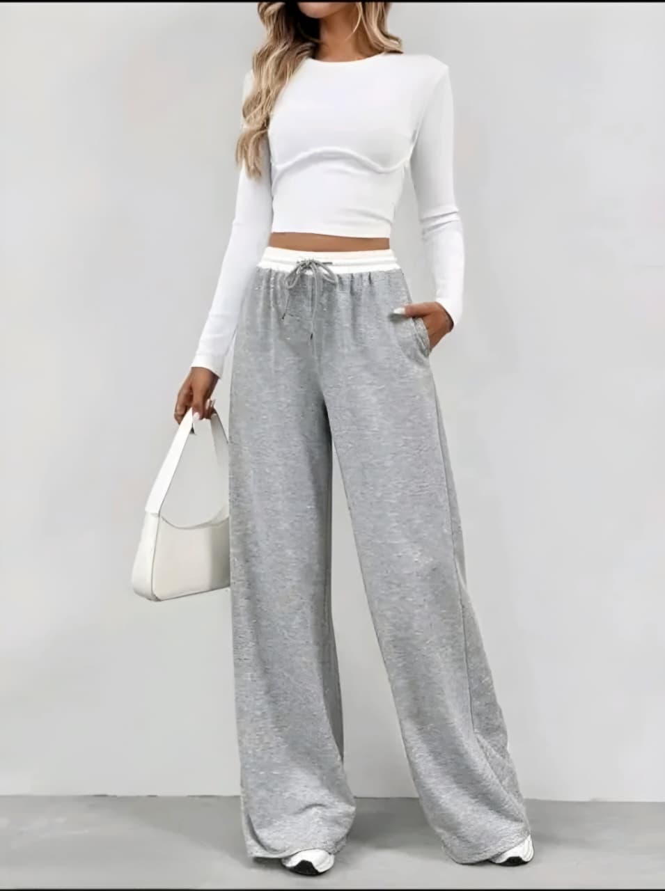 Women's Light Grey Wide Leg Lounge Pants | High Waist Drawstring Casual Trousers