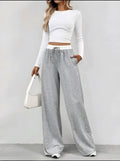 Women's Light Grey Wide Leg Lounge Pants | High Waist Drawstring Casual Trousers
