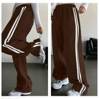 Women's Brown Wide Leg Track Pants | High Waist Casual Stripe Palazzo Trousers