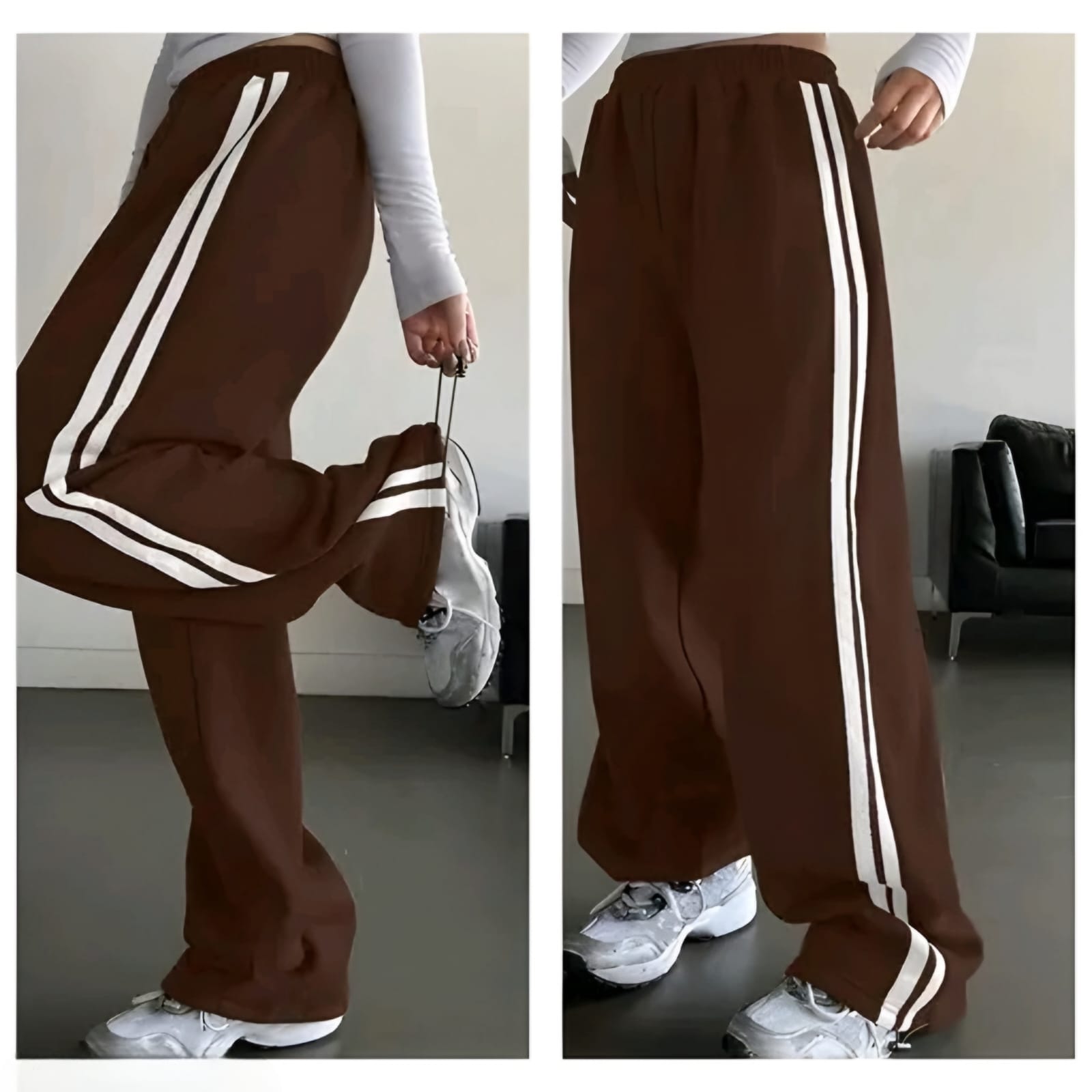 Women's Brown Wide Leg Track Pants | High Waist Casual Stripe Palazzo Trousers
