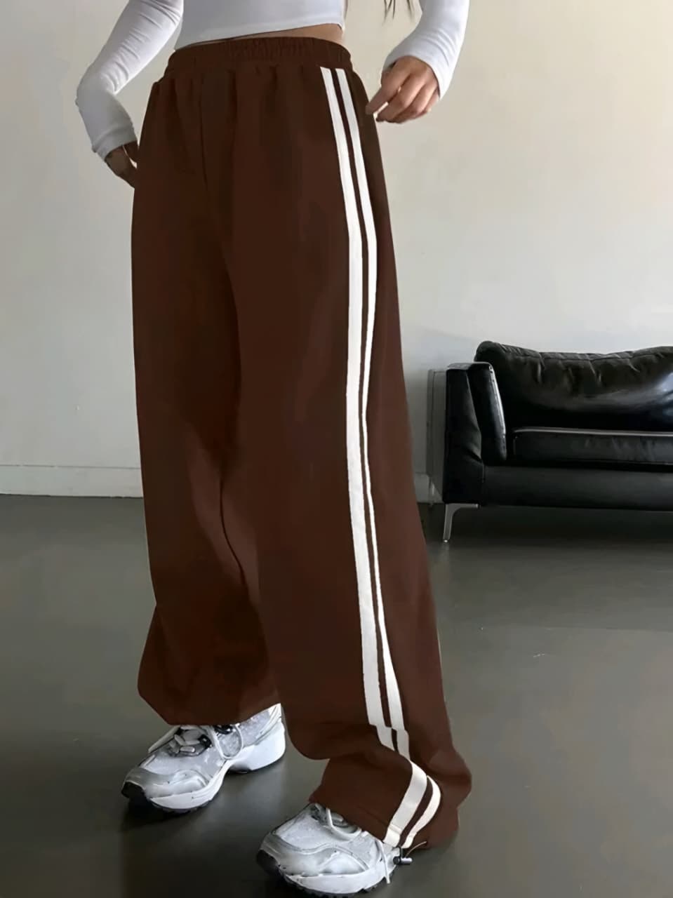 Women's Brown Wide Leg Track Pants | High Waist Casual Stripe Palazzo Trousers